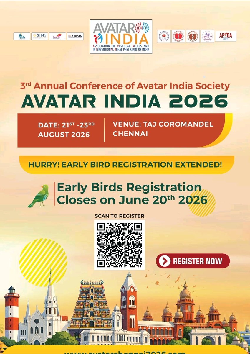 Sandyrvsdav's tweet photo. 🚨Early Bird Regn!🚨

Join us at AVATAR 2026 3rd Annual Conference of the Association of Vascular Access &amp; Interventional Renal Physicians of India.

📅21-23 Aug
📍Chennai

3 days of cutting-edge discussions on Interventional nephrology
 https://t.co/ADnWb0RTUw

#AVATAR2026 https://t.co/9kds2SPkwj