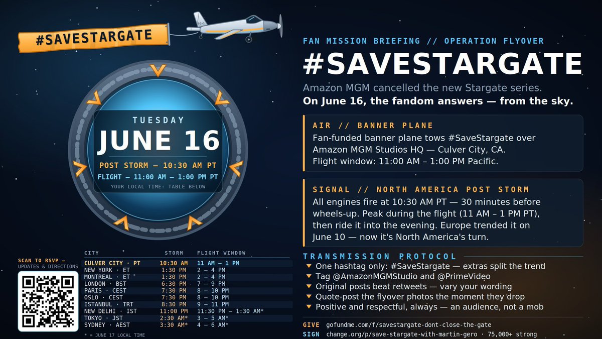 Nina7Infinity's tweet photo. 🚨Attention Stargate fans! 🚨

If you want @AmazonMGMStudio to reboot the Stargate show by Martin Gero then this information is for you!

June 16th is the day the plane flies a banner over Amazon’s headquarters! The #SaveStargate banner will not be ignored!

We also want there to be some in person presence if possible! You can sign up by scanning the QR code.

We are moving this movement into the physical world! We will not be ignored!