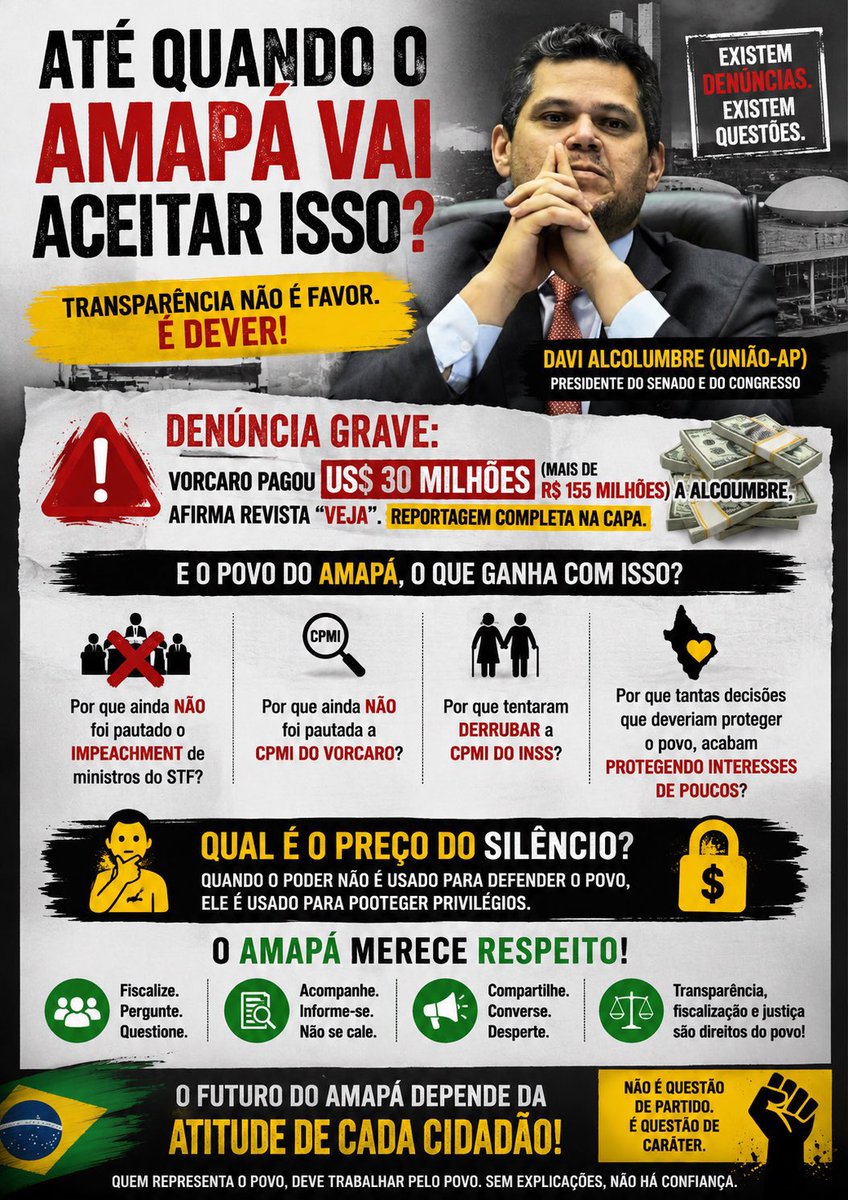 AngelTGSBr's tweet photo. É uma VERGONHA que a Presidência do nosso CONGRESSO NACIONAL , câmara dos deputados mais senado esteja “entregue” a esta pessoa inescrupulosa e corrupta! 
ACORDA meu povo! ACORDA Amapá! 
Precisamos nos livrar deste “cancer” que corrói o coração da nossa pátria! 
🙌🏻🥹🙏🏻🙏🏻🙏🏻🇧🇷🇧🇷🇧🇷 https://t.co/12vDY3Gp0c