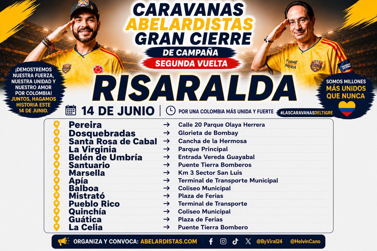 ByViral24's tweet photo. 🇨🇴🔴CARAVANAS POR LA PATRIA
 Domingo 14 

📍RISARALDA

Puntos de encuentro 
✅https://t.co/CE8PodrlWd

 #FirmesPorLaPatría https://t.co/SqnC9KreCG