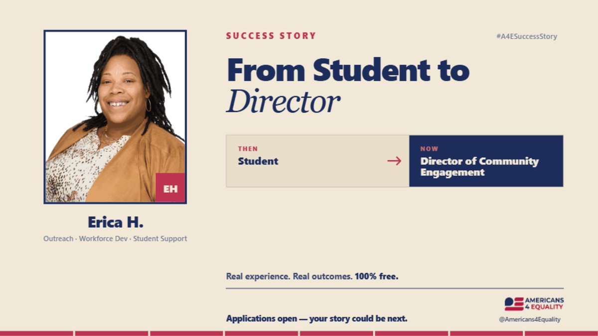 americans4equal's tweet photo. Erica H. started as a student. Outreach, workforce development, support. Now Director of Community Engagement.

She grew. She builds pathways others need.

Talent is everywhere. Opportunity is not.

Your story could be next.

https://t.co/1DHlvVvjoM

#Americans4Equality https://t.co/71TRE44Lxd