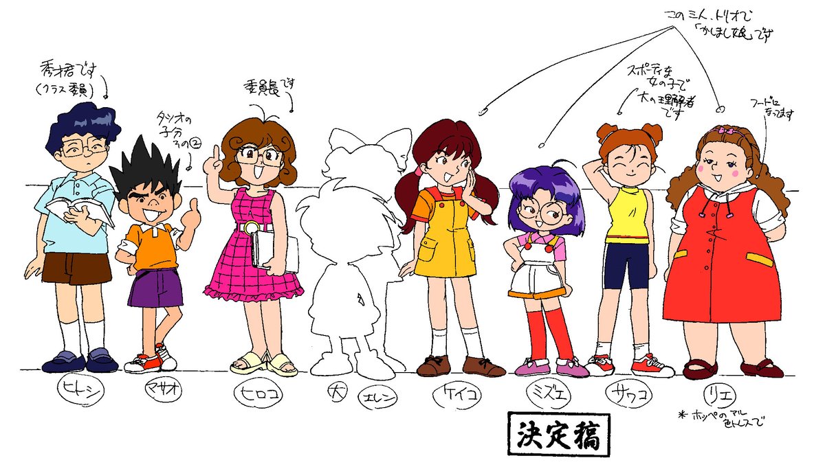 kazuakimohri's tweet photo. 遅くなってすみません大と望の学校の生徒設定です。大のクラスメイトは出番が多いので名前付きで設定があります。望は友達の春香、9話ゲストの八代君、増井君以外に名前の付いたキャラクター設定はありません。その場限りのキャラクターなので担当アニメーターにお任せか私が描く事もあります。 https://t.co/WGBGo0WcUI