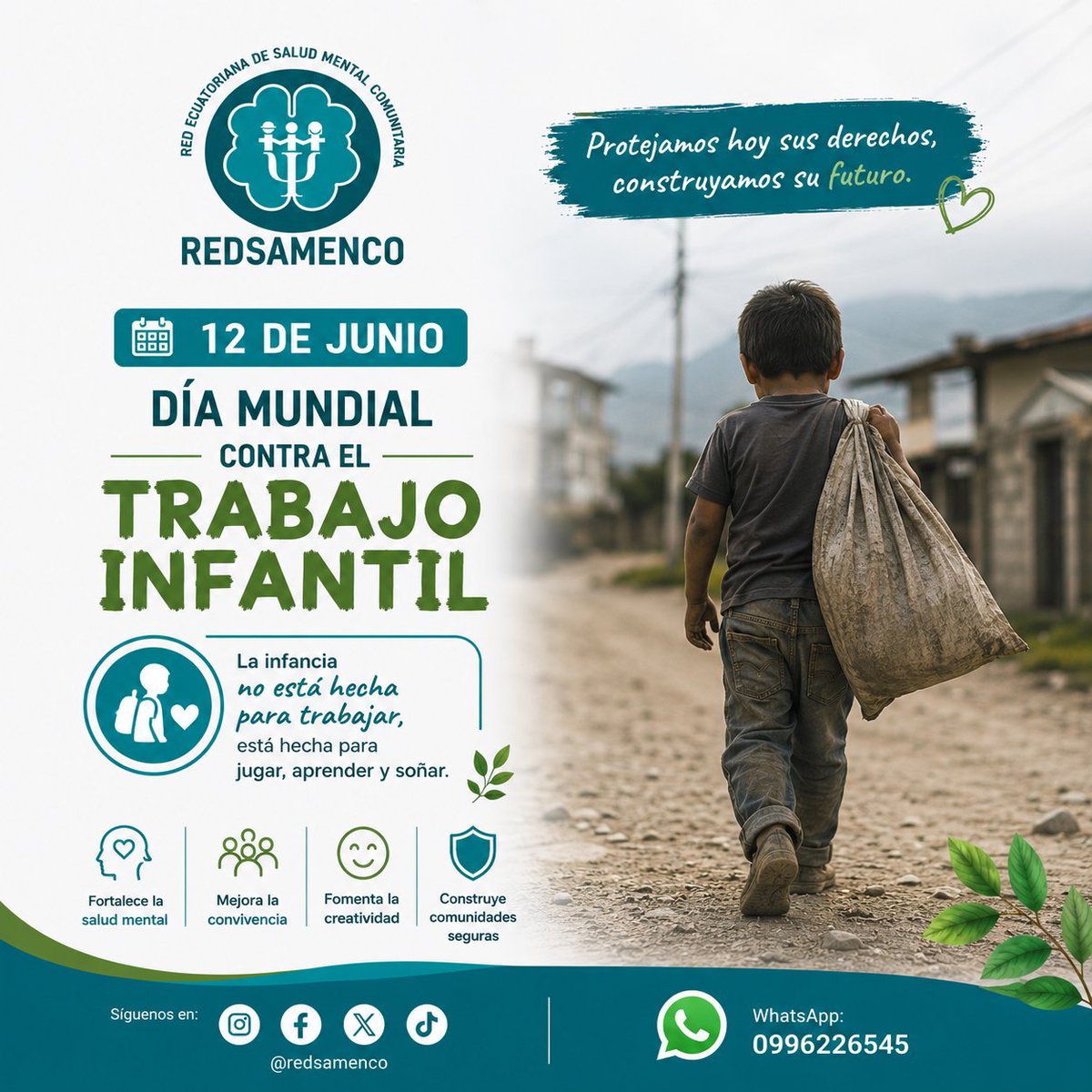 redsamenco's tweet photo. Hoy recordamos que la niñez tiene derecho a jugar, aprender, crecer en familia y desarrollar su proyecto de vida. El trabajo infantil vulnera derechos y afecta la salud mental, el desarrollo emocional y las oportunidades futuras. Proteger la infancia es construir un Ecuador justo https://t.co/cIy320Sljj
