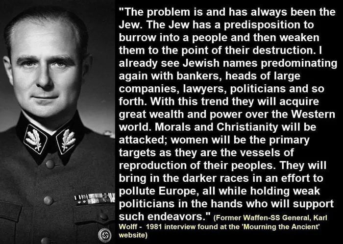 JohnDougho7's tweet photo. @MollyDavis543 @Villgecrazylady Former Waffen-SS General who in 1981 predicted what the jews will do to Europe. https://t.co/RPH6F2avGp