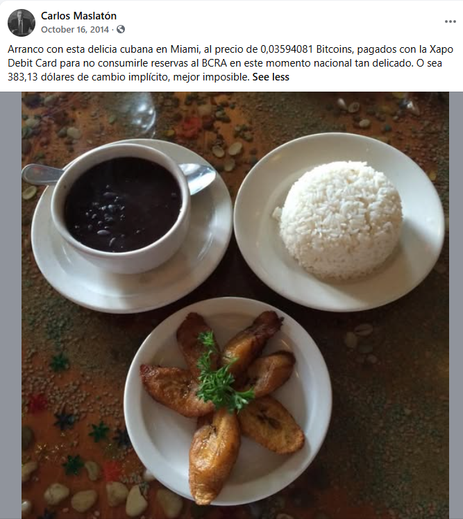 CarlosMaslaton's tweet photo. De los tiempos que invoca Adorni con del invento del pendrive. Pago de consumo con Bitcoins en Miami en octubre de 2014. Oblé 0,03594081 BTC, a tipo de cambio entonces de 383,13 USD por BTC. https://t.co/Mr8wef5RSJ