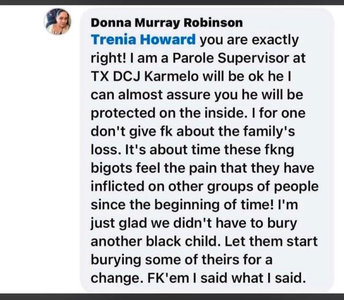 MarioNawfal's tweet photo. 🇺🇸 A Texas Parole Supervisor fucked around and said she doesn’t care about Austin Metcalf’s family and that it’s time for “these bigots” to start burying their own kids.

She was supposed to be neutral and professional… instead she posted pure hatred and got exposed instantly.

Well, no she's entering the find out phase: instantly fired by the Department of Criminal Justice.

Chef's kiss! Get that trash out of the system.

Source: Dallas News / Writers: Claudio, Oliver