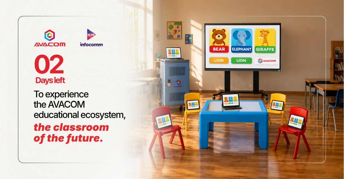 avacomworld's tweet photo. Only 2 days left until we meet at InfoComm 2026

AVACOM’s educational ecosystem brings together interactive displays, student tablets, and an offline ready server all synchronized and requiring no internet connection.

Las Vegas Convention Center - Booth C9901
June 17–19, 2026 https://t.co/IUv12ZAOHy