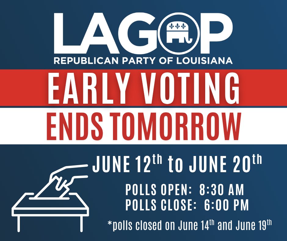 LAGOP's tweet photo. Polls Closed for Juneteenth
Tomorrow will be the last day of Early Voting! Download the GeauxVote mobile app to preview your sample ballot and find your early voting location or visit their website. 🔗 in the comments 👇 https://t.co/wAvkX3TFP4
