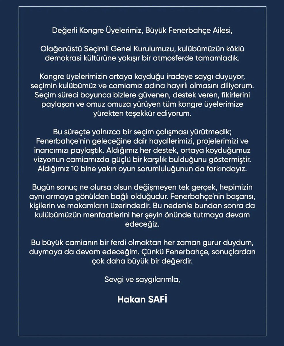 TekYolFener's tweet photo. Hakan Safi'den teşekkür açıklaması: "Bu büyük camianın bir ferdi olmaktan her zaman gurur duydum, duymaya da devam edeceğim. Çünkü Fenerbahçe, sonuçlardan daha büyük bir değerdir." https://t.co/0Ox3DAdhlh