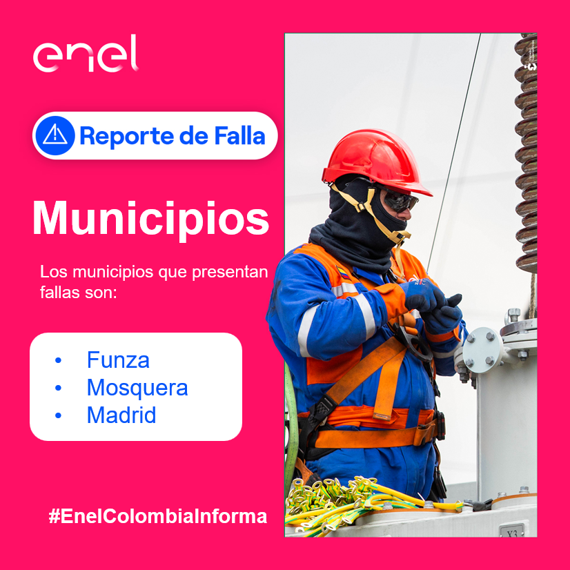 EnelClientesCO's tweet photo. #Cundinamarca nuestro equipo se dirige a la zona para identificar la falla reportada, seguimos trabajando para ti 👨‍🔧⚡

Los municipios afectados son:
#Funza, #Mosquera, y #Madrid

Te invitamos a estar pendiente de nuestros canales para mayor información. https://t.co/iXtJJZs3pJ