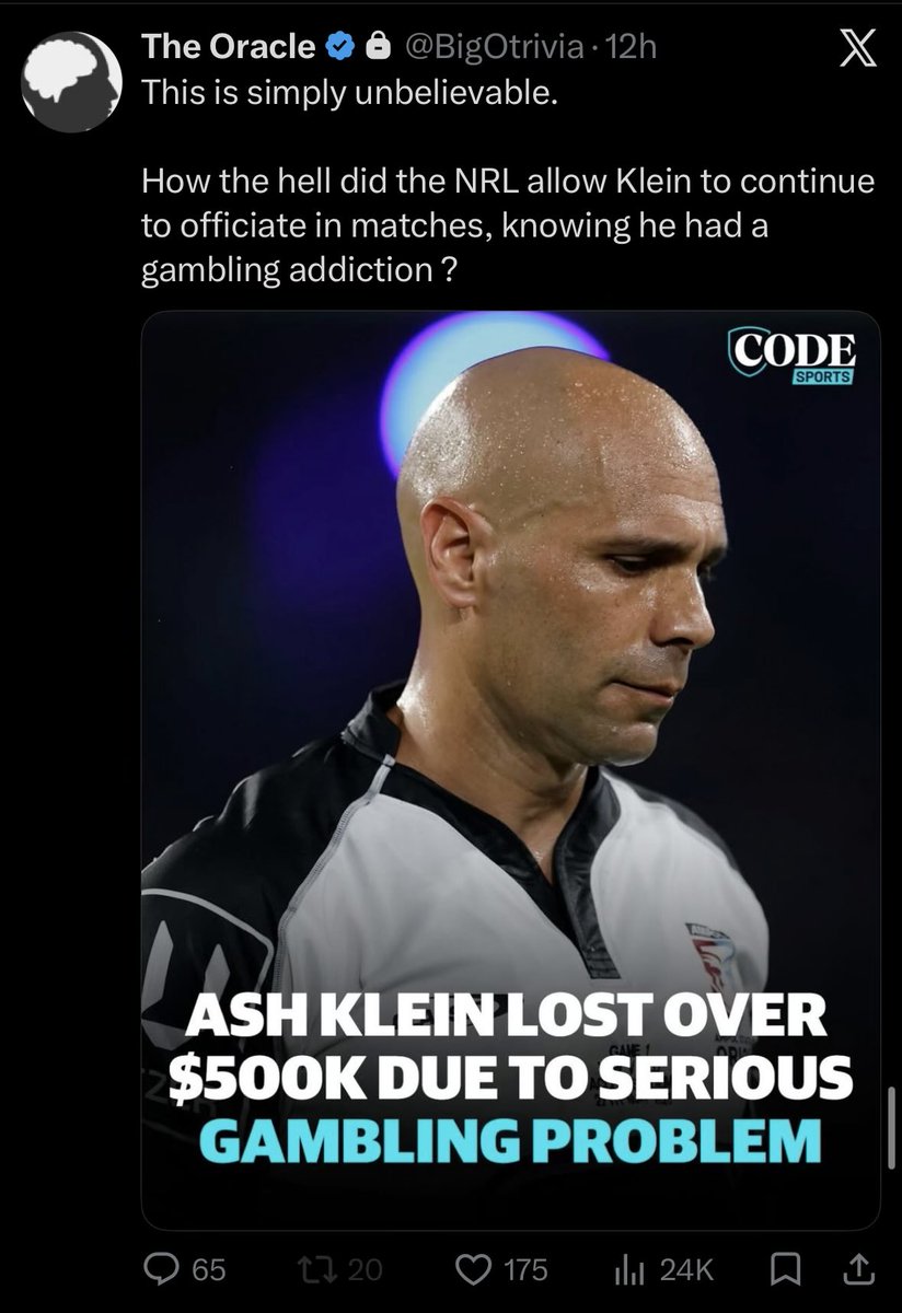 fadiantounn's tweet photo. I got no love for Klein, but how does gambling on the horses and dogs relevant to his job as an nrl referee though?
If they fired him, he will sue for wrongful termination, and win. https://t.co/fdYwxVUIRC
