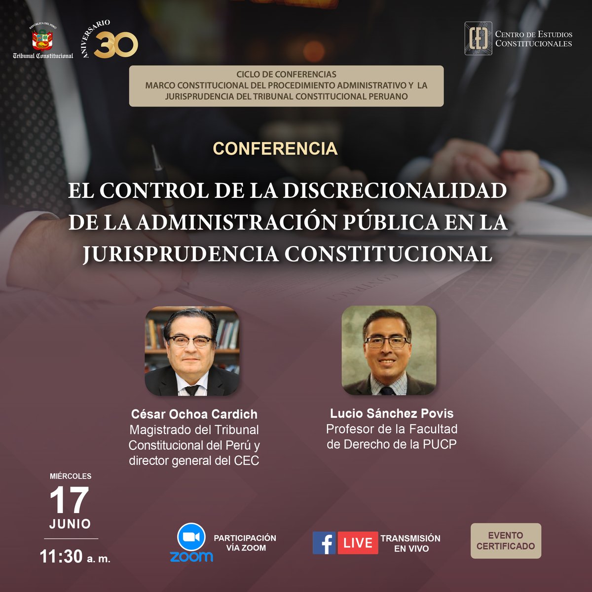 CECtcPeru's tweet photo. 📢 #Conferencia “El control de la discrecionalidad de la administración pública en la jurisprudencia constitucional”.
📅 Miércoles 17 de junio
🕡 11:30 a. m.
✍ Certificación previa inscripción 👉 https://t.co/lzUPqCZJm4
🎥 Transmisión #EnVivo por Facebook Live del CEC. https://t.co/jdR98B2Je3