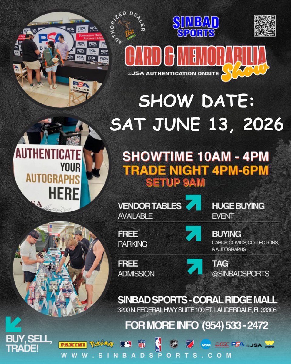 SinbadSports's tweet photo. FIFA Sticker Trading Event! 

Sinbad Sports Card and Memorabilia Show! 

-Saturday June 13th at  Sinbad Sports, Coral Ridge Mall, 3200 North Federal Highway, Fort Lauderdale, Florida 33306. 

-Bring your stickers and trade! 

-Vendor tables available (LINK IN BIO TO BOOK TABLES) https://t.co/d3oOdFuosL