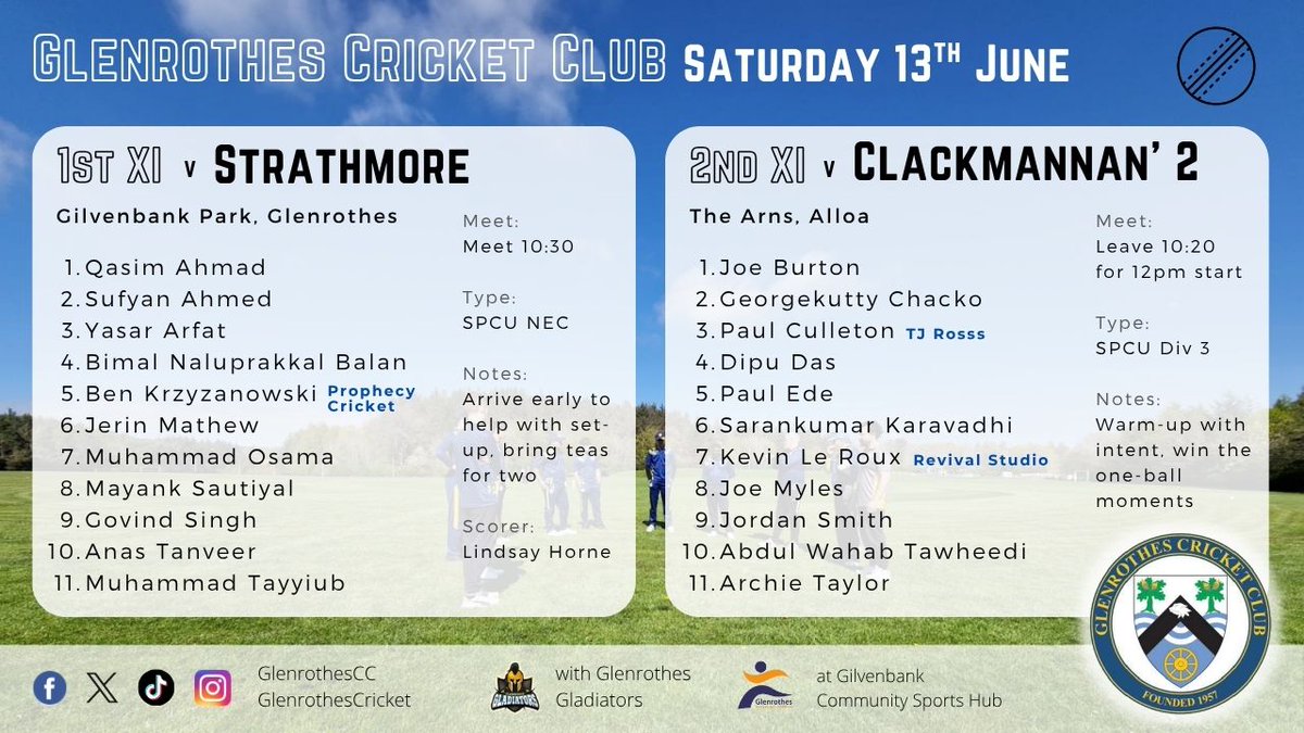 GlenrothesCC's tweet photo. 🏏 TOMORROW'S FIXTURES - Sat 13 June

1⃣ v Strathmore (H) SPCU NEC
2⃣ v Clackmannanshire 2s (A) SPCU Division 3

Sunday sees Alloa XI come to Glenrothes for and R&amp;D fixture.  Lots of cricket over the weekend, come along and show your support!

⭐️ FUN | ENJOYMENT | RESPECT https://t.co/7TLfVGBZVZ