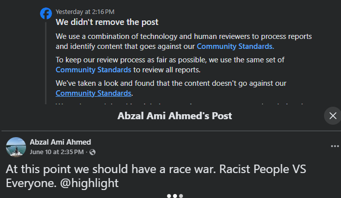 InfinityInkwell's tweet photo. @RT_com Facebook openly endorses these people to call for race wars btw https://t.co/YwOILnO70F