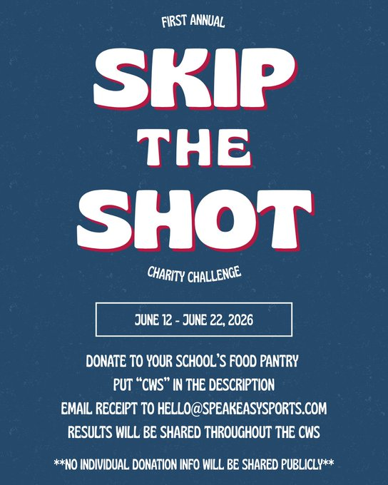 ReportBulldawg's tweet photo. Sharing this on behalf of @JonTweetsSports:

CWS Jell-O shot challenge sends $1 per shot to your school's food pantry. $100 in shots = $20 donated. We can do better.

Donate directly to your team's pantry! Links below 

Send a receipt to hello@speakeasysports dot com or DM me to add to the leaderboard.

Info stays anonymous.