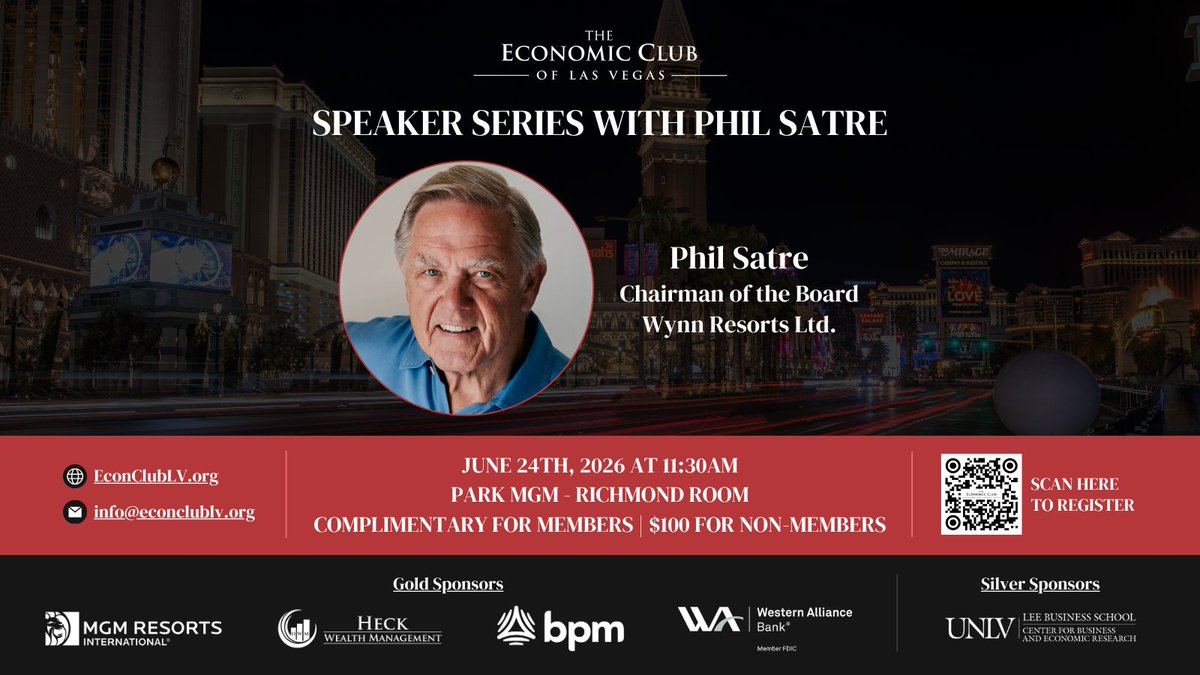 EconClubLV's tweet photo. Join us on June 24th, 2026, 11:30AM at Park MGM - Richmond Room as we welcome Phil Satre to discuss Las Vegas’ gaming industry evolution and the regulations influencing Nevada’s economic outlook during our luncheon. Register now at https://t.co/go42pF06EX! #EconClubOfLV #LasVegas https://t.co/WkEfeRywzu