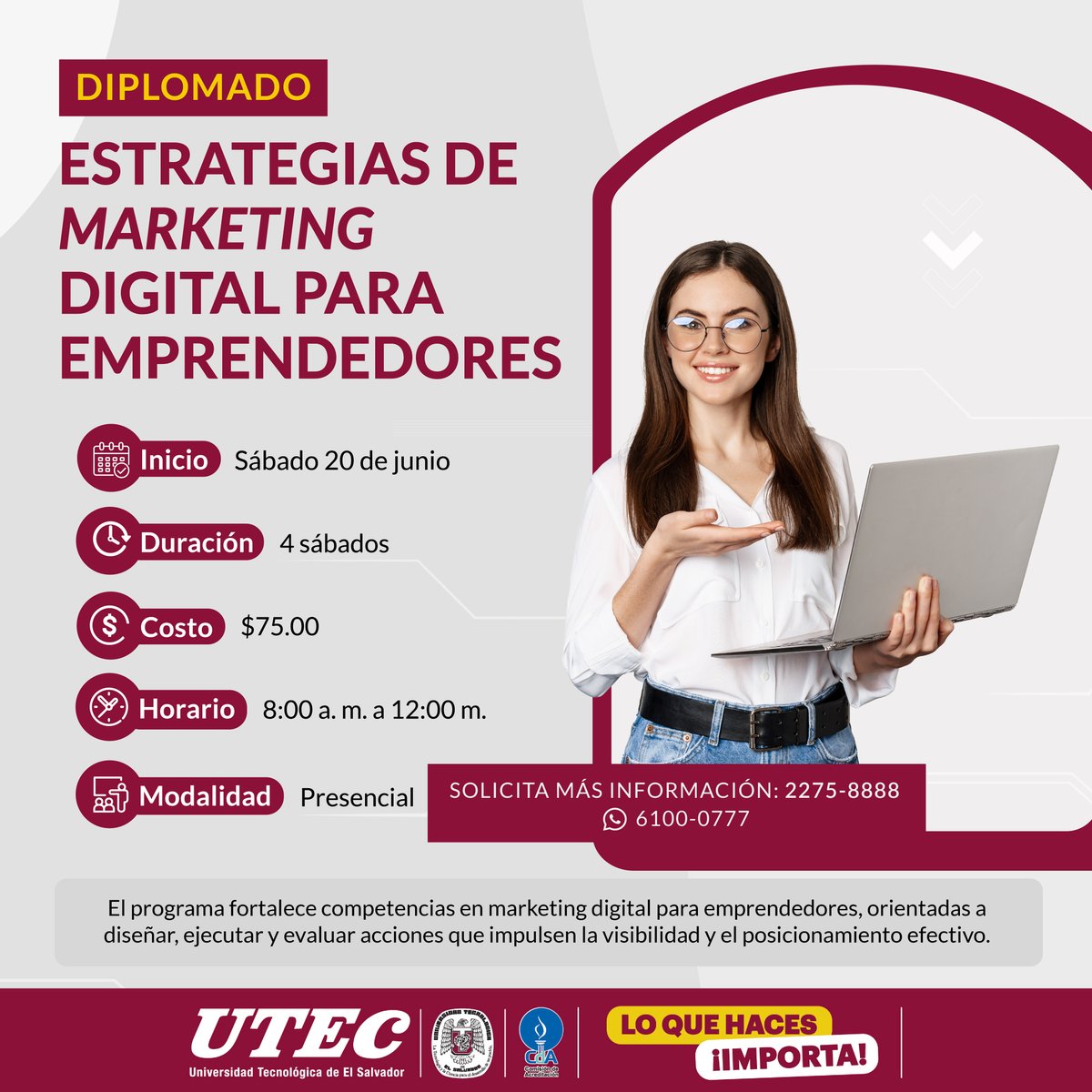 UTECedusv's tweet photo. Impulsa tu emprendimiento con herramientas estratégicas para destacar en el entorno digital.
Inscríbete en este diplomado y fortalece tus competencias para diseñar, ejecutar y evaluar acciones que aumenten la visibilidad y el posicionamiento de tu marca. https://t.co/ugHMGmNtcu
