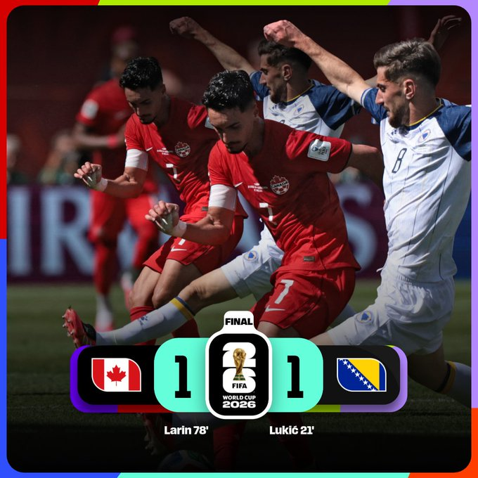 ElProdeOriginal's tweet photo. #Mundial2026 | GRUPO B | ¡Inició la primera jornada! En Toronto, #Canadá 🇨🇦 y #Bosnia 🇧🇦 repartieron puntos además debutó el argentino Facundo Tello como árbitro principal en la Copa del Mundo.

Mañana desde las 16hs🇦🇷, se cierra la jornada con el choque entre #Catar 🇶🇦 - #Suiza 🇨🇭 donde ambos tendrán la chance de quedar líderes en soledad.