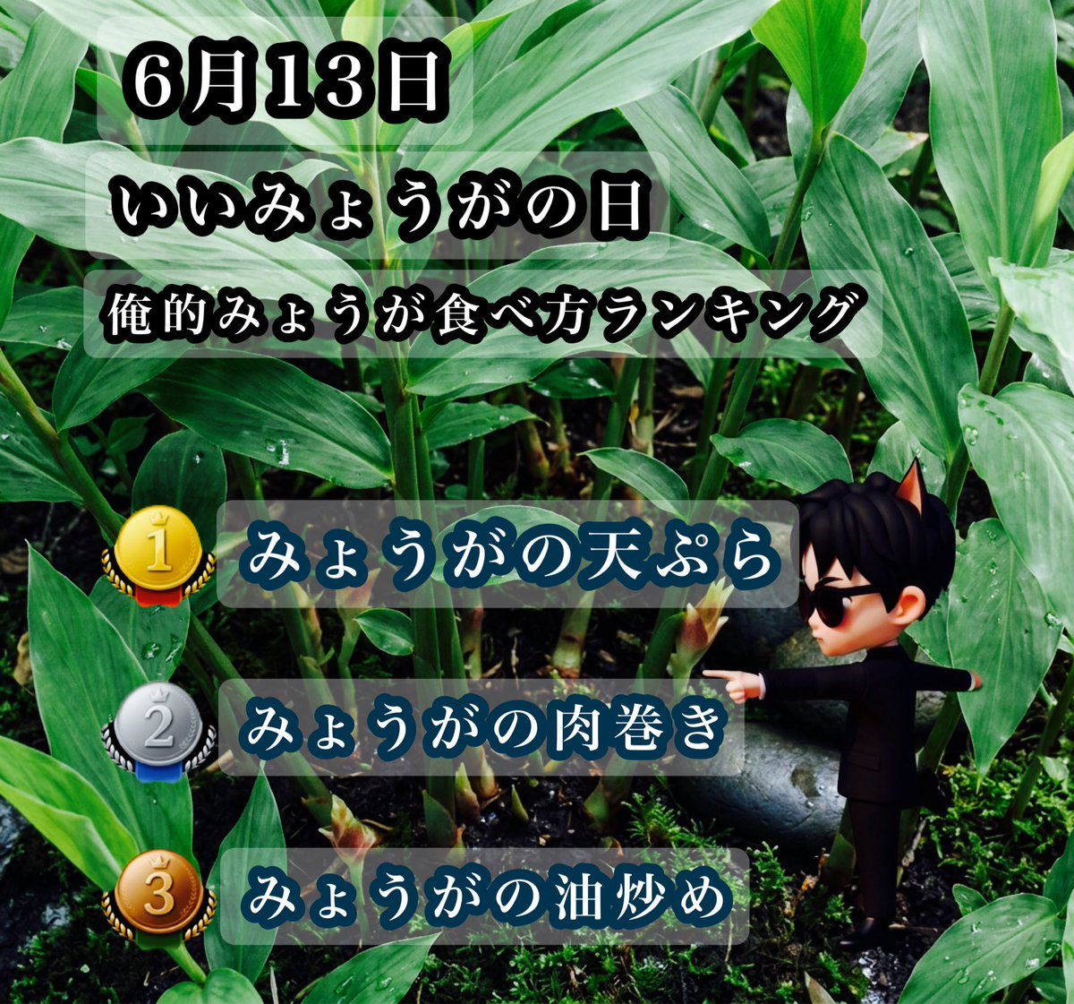 GeqQv's tweet photo. おはようございます😊
6月13日はいいみょうがの日

今日、胃の内視鏡検査します。
茗荷大好きだけど
返事も書かずすみません。
検査して何かわかれば薬出すとかしてくれると思うんで。
昨日は生きた心地しませんでした。

【俺的みょうが食べ方ランキング】

🥇 第1位：みょうがの天ぷら
・苦味が一気にまろやか
・サクッと軽くて止まらない
・塩で食うと化ける

🥈 第2位：みょうがの肉巻き
・豚バラとの相性がバグ
・苦味×脂でクセになる
・酒のつまみに最強

🥉 第3位：みょうがの油炒め
・シンプルなのにうまい
・香りが一気に立つ
・ご飯にも酒にも合う