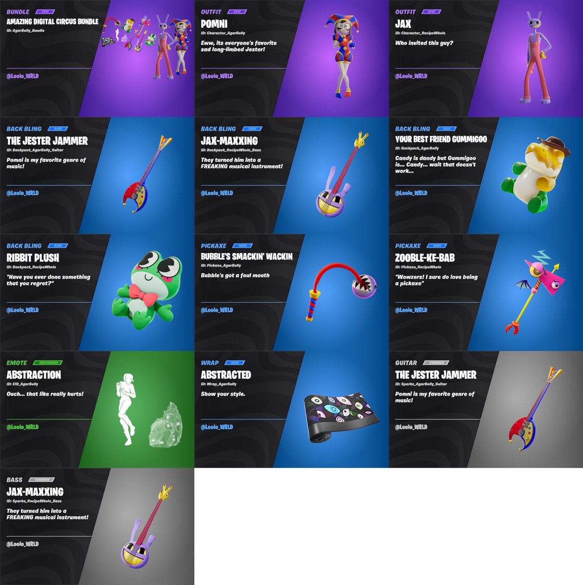 VaczyyyIsCrazy's tweet photo. More of The Amazing Digital Circus? Heck Yes! Giveaway💚

Picking 2 people to gift a bundle each🏆

To join:
💚 Drop a like
♻️ Repost this post
👤 Follow me, & @ConfusedRibbet 
💬 Comment your favorite cosmetic(s) from its respective bundle posted below! 
⏳ Closing in 48 hours 

Few things:
• Must have an active account (30+ days old)
• Profile picture required
• Last post/activity within 30 days
• NSFW accounts will be skipped
• For those who haven't added me yet, you need to wait 48 hours before I can send you the prize as per Fortnite Gifting Rules 

Good luck 🍀
