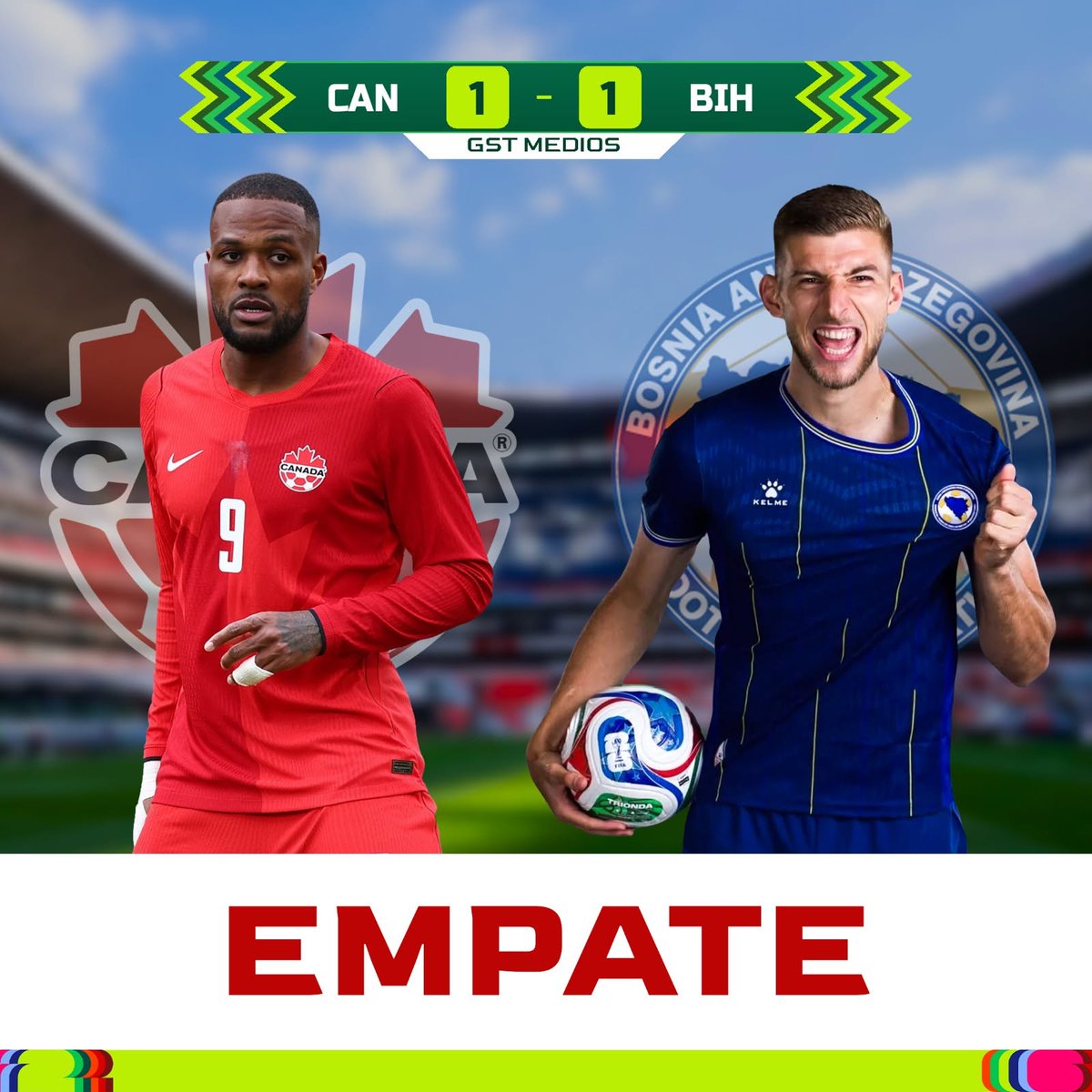 VallartaIndep's tweet photo. Finaliza el partido entre Canadáy Bosnia y Herzegovina con un empate 1-1, en un duelo cerrado y lleno de intensidad de principio a fin. 🇨🇦⚽️🇧🇦
Ambas selecciones suman en el arranque… ¿quién dará el siguiente golpe en el grupo? https://t.co/QN111M1v9X