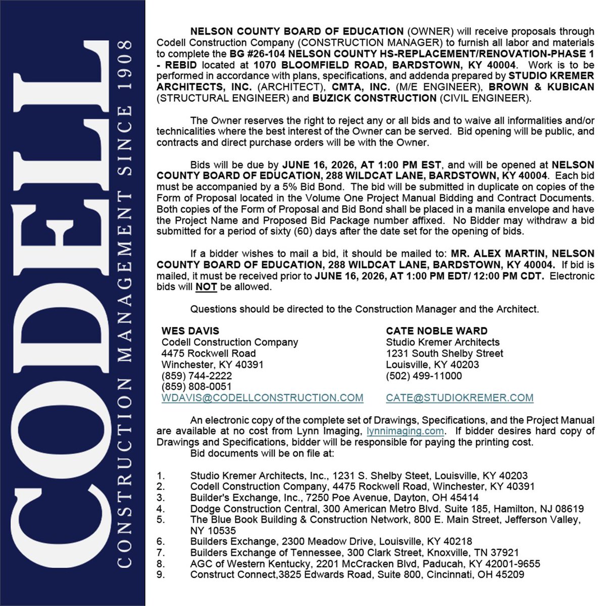 CodellCM's tweet photo. ***ADVERTISEMENT FOR REBID***
BG No. 26-104 Nelson County HS-Replacement/Renovation-Phase 1-Rebid https://t.co/U5Zjko6PPV