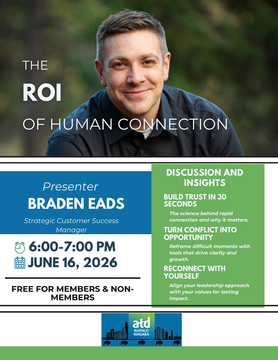 atdbuffalo2020's tweet photo. COMPLIMENTARY WEBINAR!

Join Braden Eads for The ROI of Human Connection and discover how trust, self-awareness, and authentic relationships can drive meaningful results.

June 16 | 6 PM ET
Webinar

Free for members &amp; non-members. Bring a colleague!

🔗 https://t.co/H4TNGqJedF https://t.co/aAyJVRjF6Y