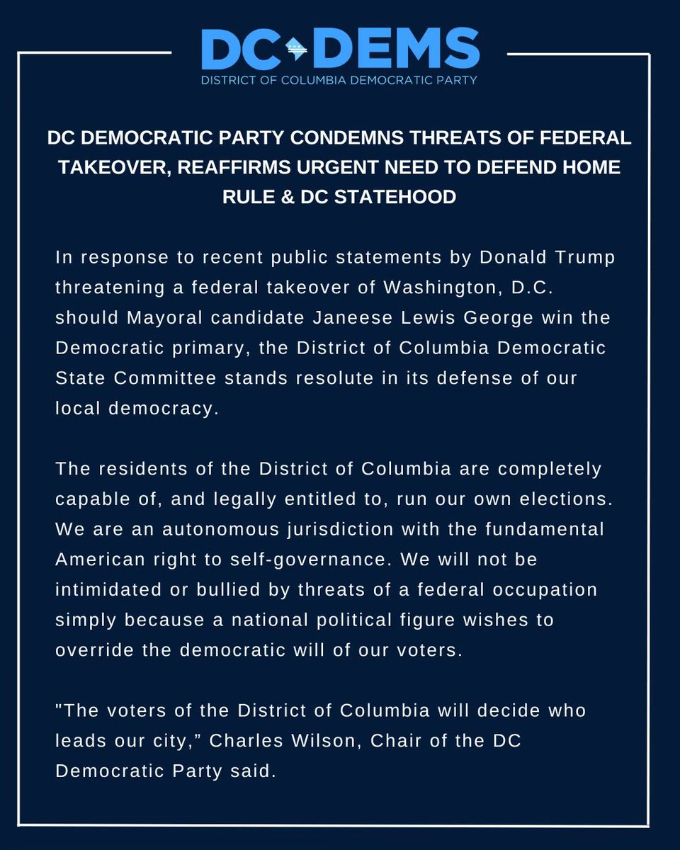 DCDemocrats's tweet photo. D.C. is an autonomous jurisdiction, and our elections are decided by our residents - period. Any threat to override the democratic will of our voters is a direct attack on American democracy itself. We will not be bullied, and we will not back down. https://t.co/PmBHhaRmmf