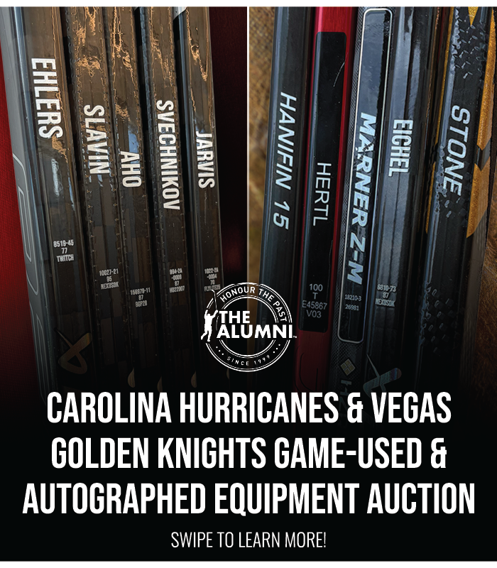 NHLAlumni's tweet photo. Our #StanleyCup Final special game-used &amp; autographed equipment auction is LIVE! 🚨 Courtesy of the @Canes and @GoldenKnights 🏒 Place your bid NOW 🔗 👉 https://t.co/lrU2Hbbs9K

Sebastian Aho, Seth Jarvis, ++ 🔴 ⚫ 
Mitch Marner, Jack Eichel, ++ ⚔️ https://t.co/hGo0naprah