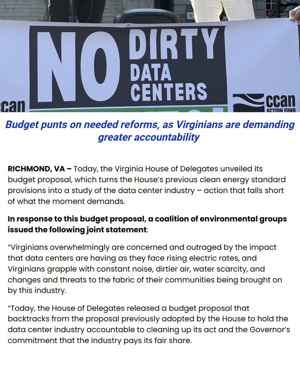 CCANActionFund's tweet photo. Today's Virginia House budget proposal backtracks on data center clean energy standards and instead includes a study. Read our full statement with @vasierraclub, @virginialcv, and @nrdc_org here: https://t.co/ePFNKonAcL
#cleanenergy #datacenters #ai #valeg #vabudget #vapolicy https://t.co/t6L6WYeg4P