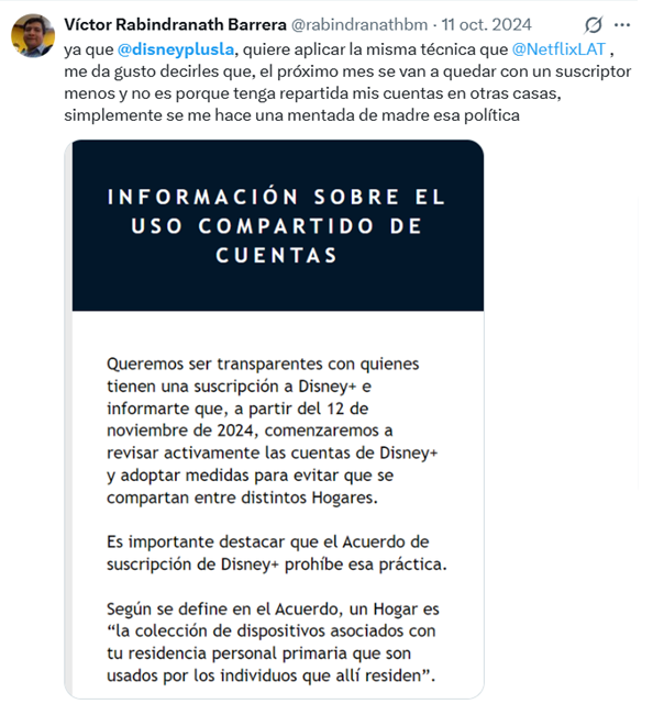 rabindranathbm's tweet photo. no me importa quedarme sin servicios de streaming, cancelaré toda suscripción que limite el uso de mi cuenta a un espacio físico.
Las razones por contratar esos servicios era la facilidad de ver contenido en donde fuera y a la hora que quisiera, si lo quitan lo cancelo https://t.co/bei4AdF0CS
