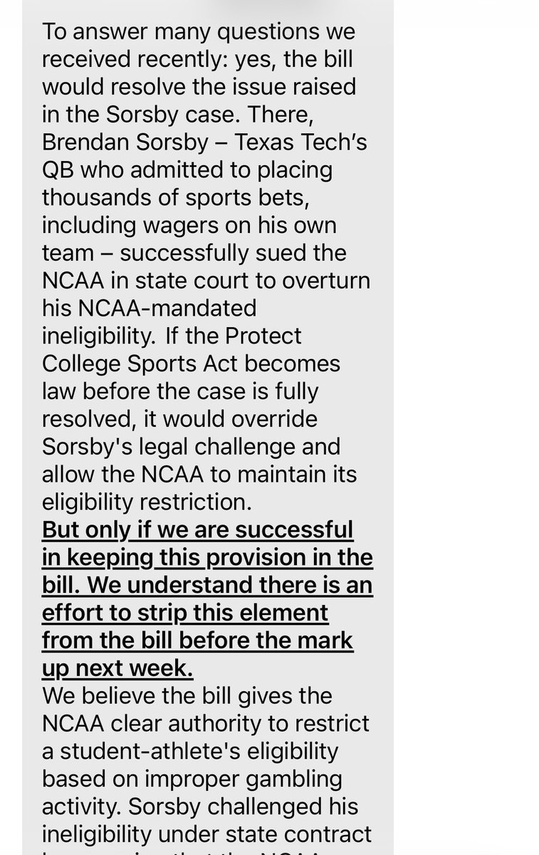 ByPatForde's tweet photo. An NCAA memo to Division I commissioners says passage of the Protect College Sports Act, as written, would empower the NCAA to apply ineligibility to Text Tech QB Brendan Sorsby: https://t.co/tNSFzMtXn4
