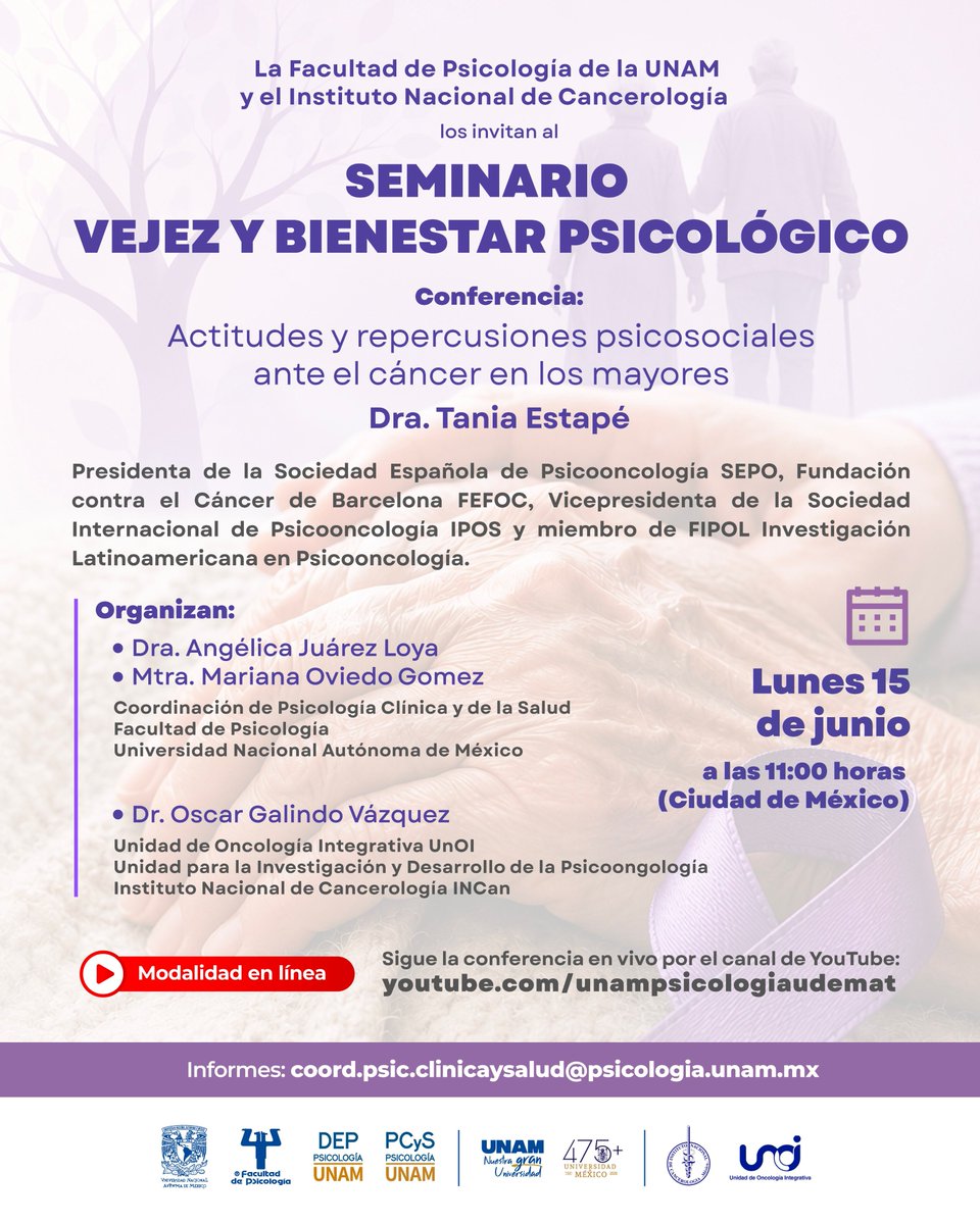 unam_psicologia's tweet photo. Inauguramos el Seminario "Vejez y Bienestar Psicológico" con la conferencia:
"Actitudes y repercusiones psicosociales ante el cáncer en los mayores"

#PsicologiaUNAM #UNAM https://t.co/Vg6eihGYJ6