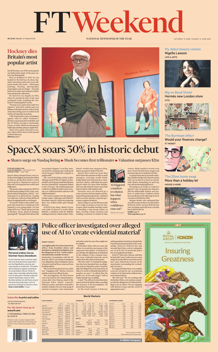 AndyGibsonTV's tweet photo. "SPACEX SOARS 30% IN HISTORIC DEBUT"
@SJHMorris / @RWMcMorrow / George Steer for @FinancialTimes
SpaceX shares jumped 30 per cent in the biggest Stock Market debut in history, crowning @ElonMusk as the world's first trillionaire.
#FTWeekend
#TomorrowsPapersToday https://t.co/oeYED16Kvy