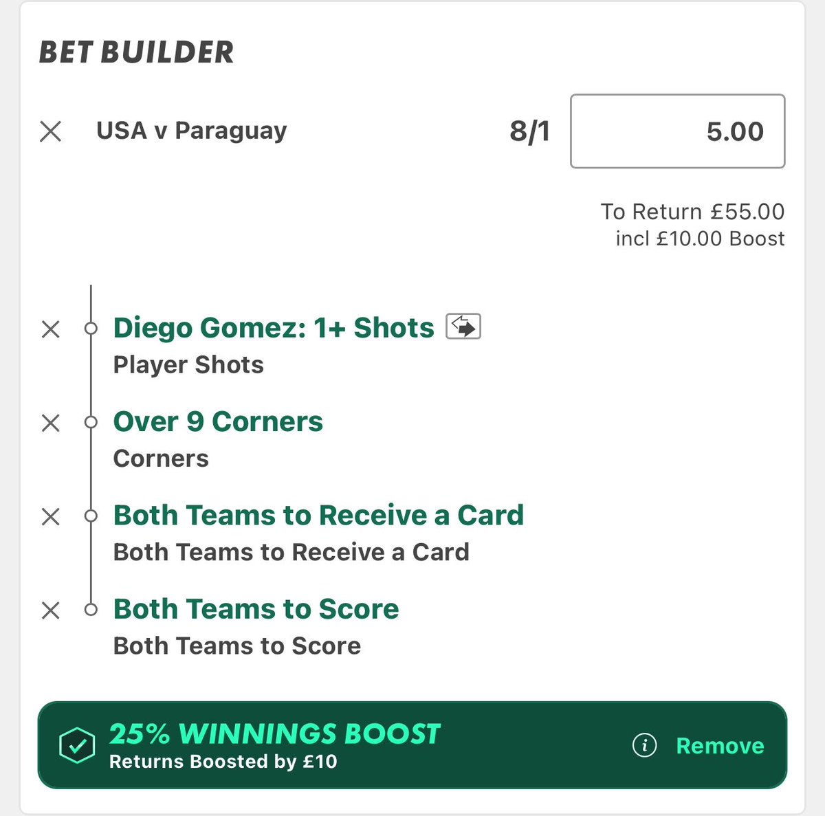 value_footytips's tweet photo. ⚽️ USA vs Paraguay 
🏆#WorldCup
❤️Like if you’re on!

Bit of fun here with the 25% boost! 💥

0.5 units

Don’t force a bet if you weren’t planning on it🙌

#worldcup #bet #betbuilder #usa #bet365 https://t.co/WOK504UdHp