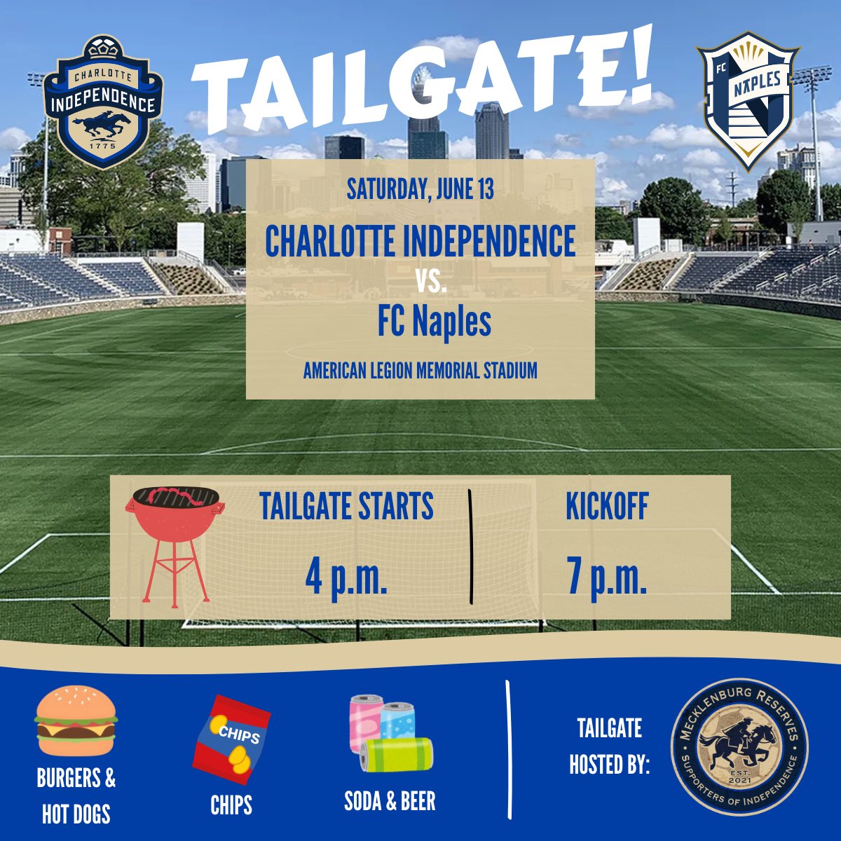 meckreserves's tweet photo. Join us at our Meck Reserves tailgate in the parking lot at ALMS ahead of @Independence’s game Saturday evening vs. Naples! 🍔 🥤 🍺 

We’ll be in the corner closest to Grady Cole Center. Come on, you Jacks! 💙🐎 https://t.co/4sUJMKcmpZ
