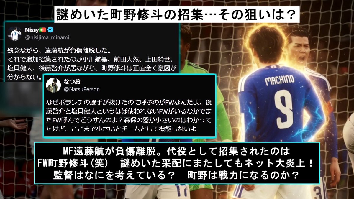 poordent's tweet photo. 【なんで町野なんだよ！FW呼んでどうすんのｗｗ】
MF遠藤航が離脱したのに、追加したのがFW町野修斗…　マジで森保監督はなに考えてんだ？

やっぱり守田が嫌いなんだ！なんて子どもみたいなことを思ってしまうネットの風潮。

だが直近の選手起用とシステムを振り返ると、少しずつ監督の狙いが見えてくる。そこには若手の成長と爆発にかけた想いがあるのかもしれない――

まず分析したいのは《町野修斗がもたらす効果》

185㎝で空中戦が強く、少ないデータだが代表戦に限定すると勝率71.4％と圧倒的。実際にブラジル戦、イングランド戦ではパワープレー対策で起用され、歴史的勝利に貢献した。

次に《ロングスロー》意外とえぐいスローインを投げ、クラブでも数多くのチャンスを演出。
※↓に動画あり

前回カタールW杯ではクロアチア代表がロングスローを多用。今回のW杯でも韓国xチェコ戦でロングスローからゴールが決まっている(VARで取り消し)

日本代表も町野のロングスローに上田や後藤が合わせるという展開は想像しやすい。

次に《キッカー》セットプレーを担当するほど精度が高く、とりわけPKはこれまで9本蹴ってすべて成功！

4年前のクロアチア戦は出番がなかったものの「立候補したかった。決める自信があった」と豪語する。

最後に《ショートパス》1試合の平均パス数は19本、代表FWでもっとも多い。

町野はプレーエリアが広く、ピッチ全体からパスを引きだして正確に繋げられる。そのうえ2列目を活かす意識が高く
「久保や中村にチャンスメイクはまかせる。ぼくはフィニッシュで仕事する」
と語り、インドネシア戦やボリビア戦で彼らと好連携を見せてきた。

出番がなかった4年前とはまったく違う。いきなりの招集でも問題ないだろう。

そして町野の復帰によって2トップ布陣『3142』採用の可能性が高まってくる。ここで影響を受けるのはFW後藤啓介だと筆者は予想する。

191㎝、元々ボランチ希望、前田遼一の指導で得点感覚を身につけ、今まさに覚醒しつつある新星FW。

5月31日アイスランド戦では3142の中盤、インサイドで起用され話題に。ロングボールの攻守で体を張り、中盤では落ち着いた繋ぎを見せた。

3142の中盤は1アンカー/2インサイドで構成される。ざっくり言うとアンカーは守備的、インサイドは攻撃的。おそらく森保監督は後藤がインサイド合格と判断し、3142で起用するつもりではないか。

もし中盤で使うなら、後藤の視野がさらに活きそうだ。

後藤の平均ロングパス数は代表FWトップ。1試合1本だがセンターフォワードとしては多い方。ベルギー時代にはすさまじいロングパスでアシストを決めている。
※↓に動画あり

本番ではインサイド後藤からするどいロングパスが見られるかも。

最後に《インサイド/アンカー布陣》をまとめよう。

アンカーは鎌田、瀬古、板倉で3人。

インサイドは佐野、田中、堂安、鎌田、そして後藤で5人。鎌田は瀬古か板倉がアンカーの場合にはインサイド起用されると予想。
直近では短時間ながら久保建英や中村敬斗もインサイド起用されている。

監督「後藤がMFとして可能性を見せた。彼を活かすためにFW町野を招集しよう。3142を本番でも使うぞ」

そう考えると、謎めいた采配に一本の線が見えてくる。キャプテン遠藤航の離脱は、思わぬ形で若い才能を起用するきっかけになったかもしれない――
#サッカー日本代表