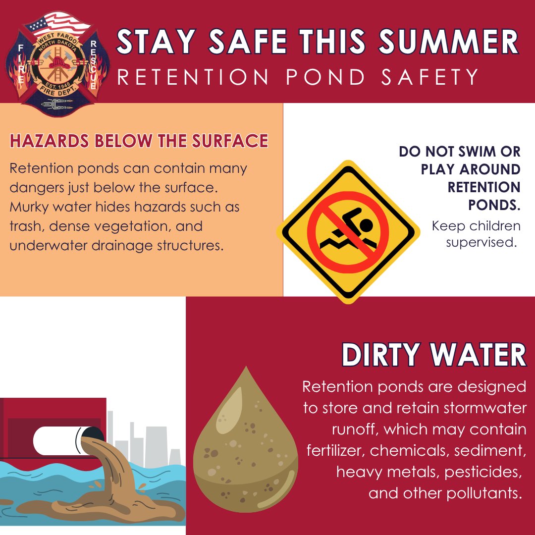 WestFargoFire's tweet photo. RETENTION POND REMINDER: 

Despite their appearance, a retention pond is constantly changing, serving an important purpose that makes it unsuitable for play, as well as a safety hazard. 

For more information, visit: https://t.co/im6SMaj4B8 https://t.co/CZqfE74GXN