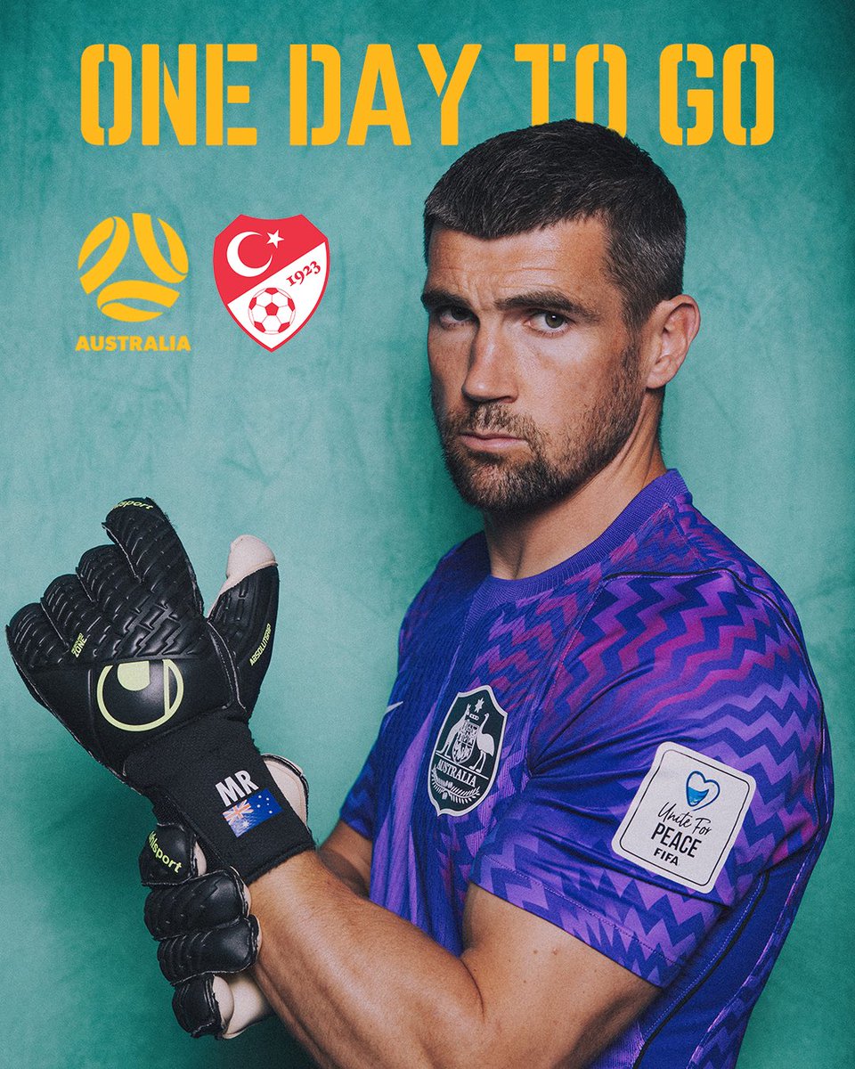 Socceroos's tweet photo. It’s almost here! We’re only 1️⃣ day away from a #Socceroos #FIFAWorldCup matchday! 🙌

🇦🇺 v 🇹🇷 - 13.6.26 - 9:00pm local
🇦🇺 v 🇹🇷 - 14.6.26 - 2:00pm AEST

📱💻📺 Live on SBS &amp; SBS On Demand https://t.co/yAcEfhkFmP