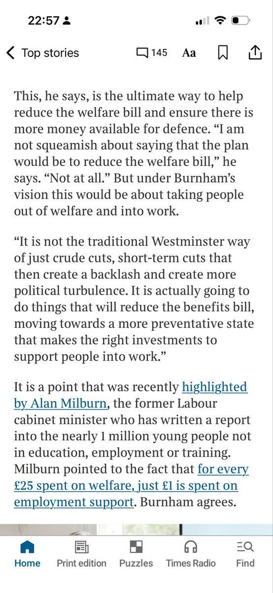Shrink_at_Large's tweet photo. Front page of The Times: Andy Burnham’s first big announcement about his approach to leading the country is that he would be willing to cut benefits to fund the defence budget, with the usual ‘rights and responsibilities’ fluff about more work opportunities. This terrifies me. https://t.co/JrYQWGqWrF