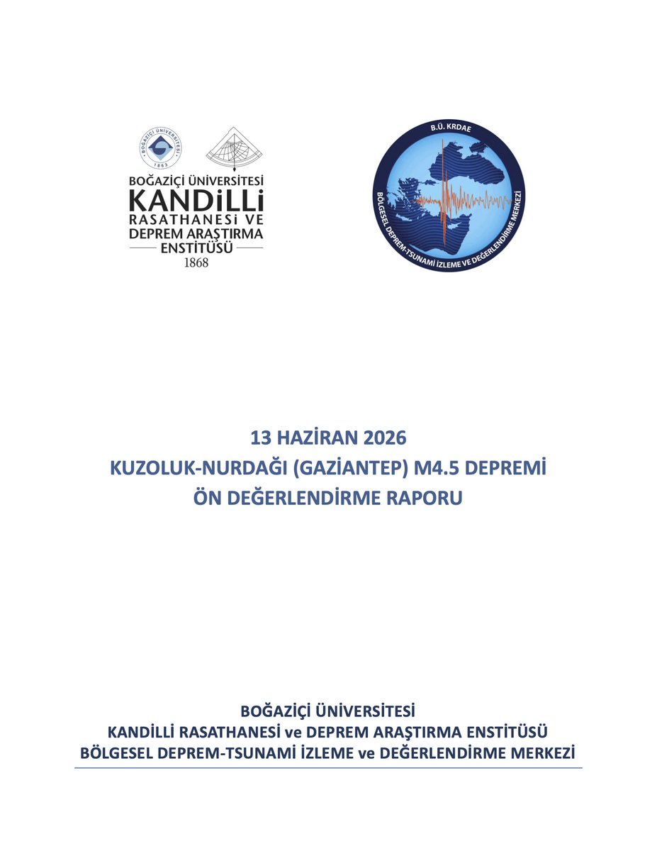 Kandilli_info's tweet photo. 📌 KUZOLUK-NURDAĞI (GAZİANTEP) Depremi Bilgilendirmesi

13 Haziran 2026 tarihinde Kuzoluk-Nurdagı (Gazıantep) (37.0825 K 36.9243 D) merkez üssünde yerel saat ile 00:08'de aletsel büyüklüğü ML 4.5 - Mw 4.5 olan orta şiddette bir deprem meydana gelmiştir. Depremin odak derinliği 10.1 km olup sığ odaklı bir depremdir.

Deprem sonrası hazırlanan tahmini şiddet haritası depremin merkezinde şiddet değerinin Iₒ= V olduğunu göstermektedir.

İlgili depremin odak mekanizma çözümü normal fay özelliği göstermektedir.

Depreme ilişkin ön değerlendirme raporuna aşağıdaki bağlantıdan ulaşabilirsiniz:
https://t.co/PVULueP5kY

Etkilenen vatandaşlarımıza geçmiş olsun dileklerimizi sunarız.