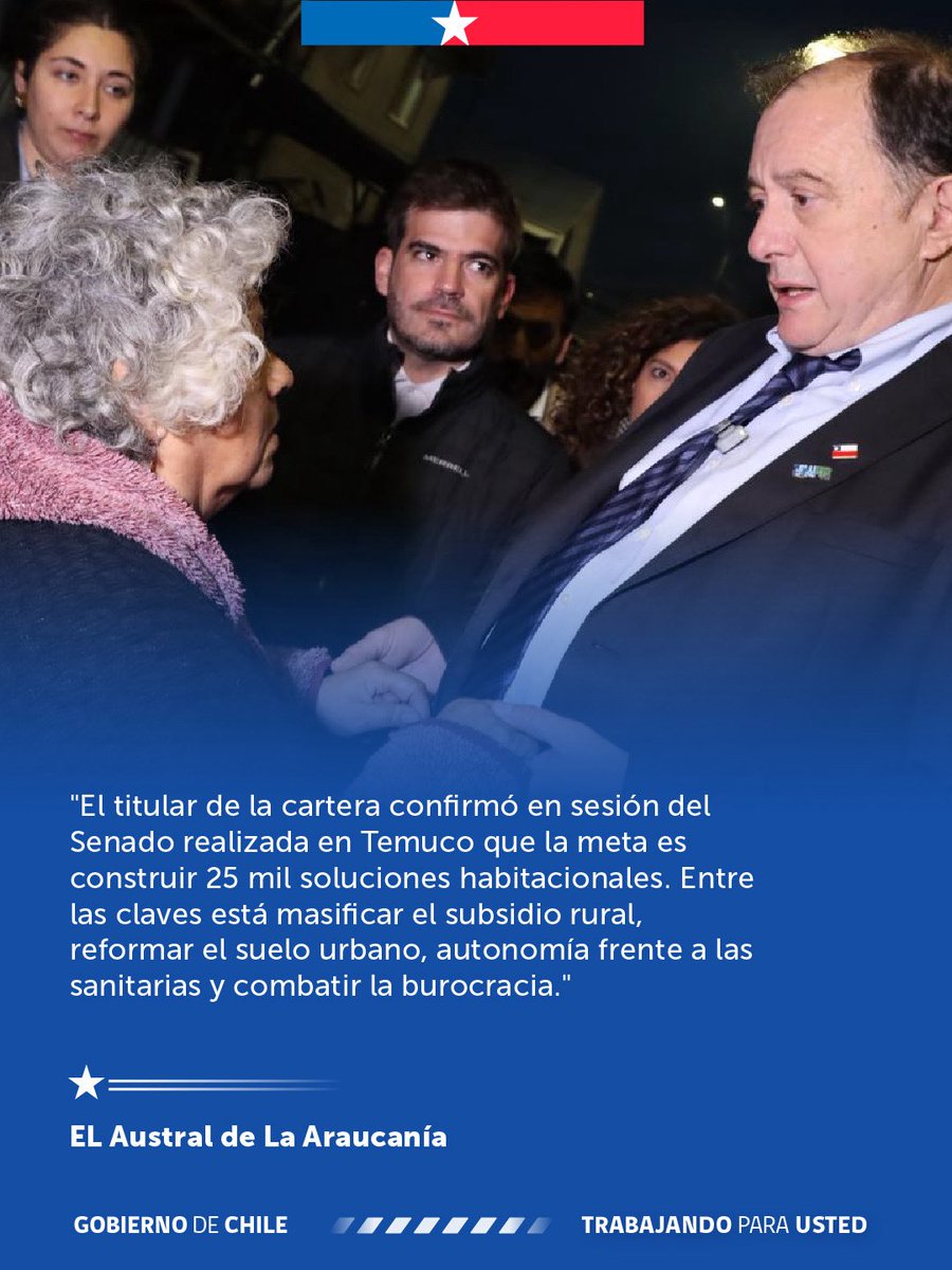 Minvu's tweet photo. 🏡 En Temuco, el ministro Ivan Poduje presentó las medidas del Minvu para enfrentar el déficit habitacional en la región de La Araucanía: fortalecimiento del subsidio rural, impulso a los Ecobarrios y menos burocracia para acelerar proyectos habitacionales.   #TrabajandoParaUsted https://t.co/wCparTyqCH