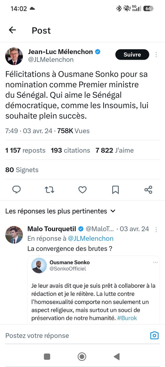 Sthra1999's tweet photo. @DelancrayCeline @CathyLantz6 Homophobe peut-être pas mais un parti qui félicite un homophobe qui à lancé une chasse aux sorcières au Sénégal j'ai pas confiance https://t.co/rJniXFLjSy