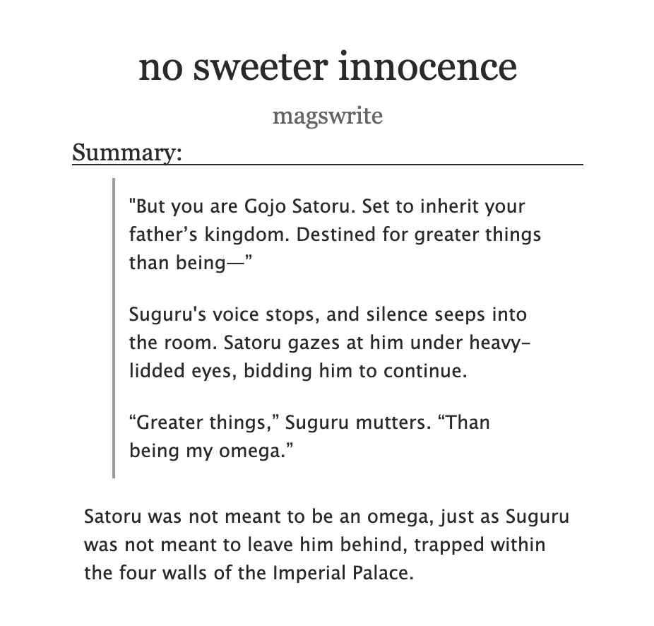 magswrite's tweet photo. no sweeter innocence

8k (chapter 1/13) | a/b/o | #gego #夏五

🪭 — omega!gojo, alpha!geto, prince!gojo, samurai!geto

🔗 — https://t.co/fzSRPTmp0R https://t.co/3toF1DbCD2