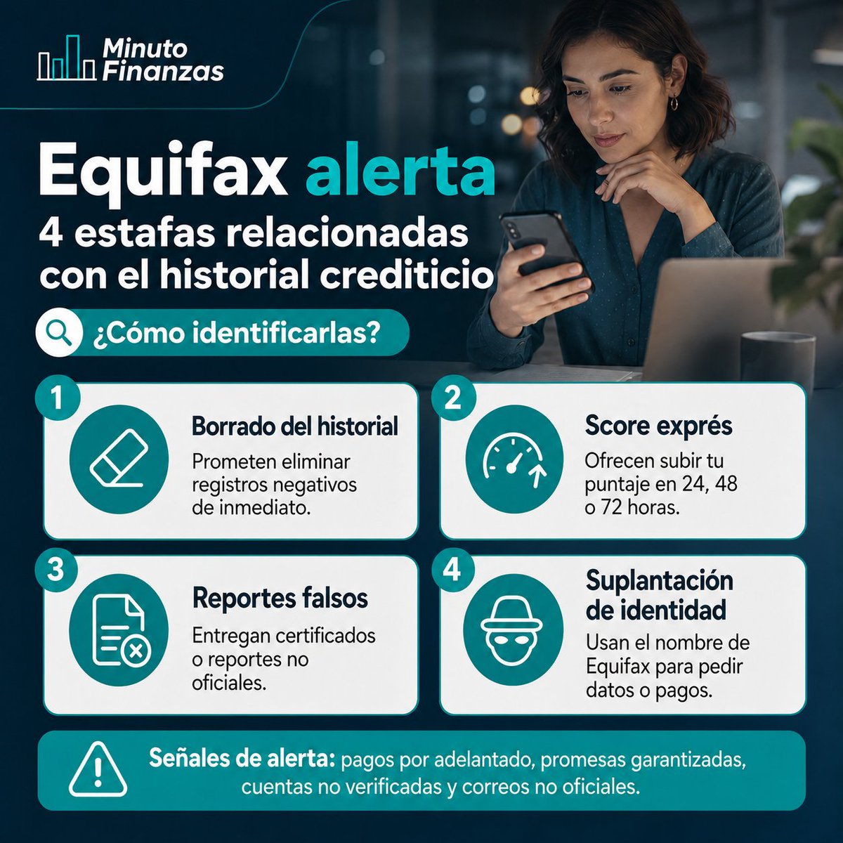 FinanzasMinAMin's tweet photo. Las ofertas engañosas para “borrar” el historial crediticio o “mejorar” el score en tiempo récord proliferan en redes sociales. #Equifax alerta sobre cuatro modalidades de estafa y explica cómo identificarlas para evitar pagos indebidos, robo de datos y nuevos fraudes. https://t.co/YeqC0H0JTH