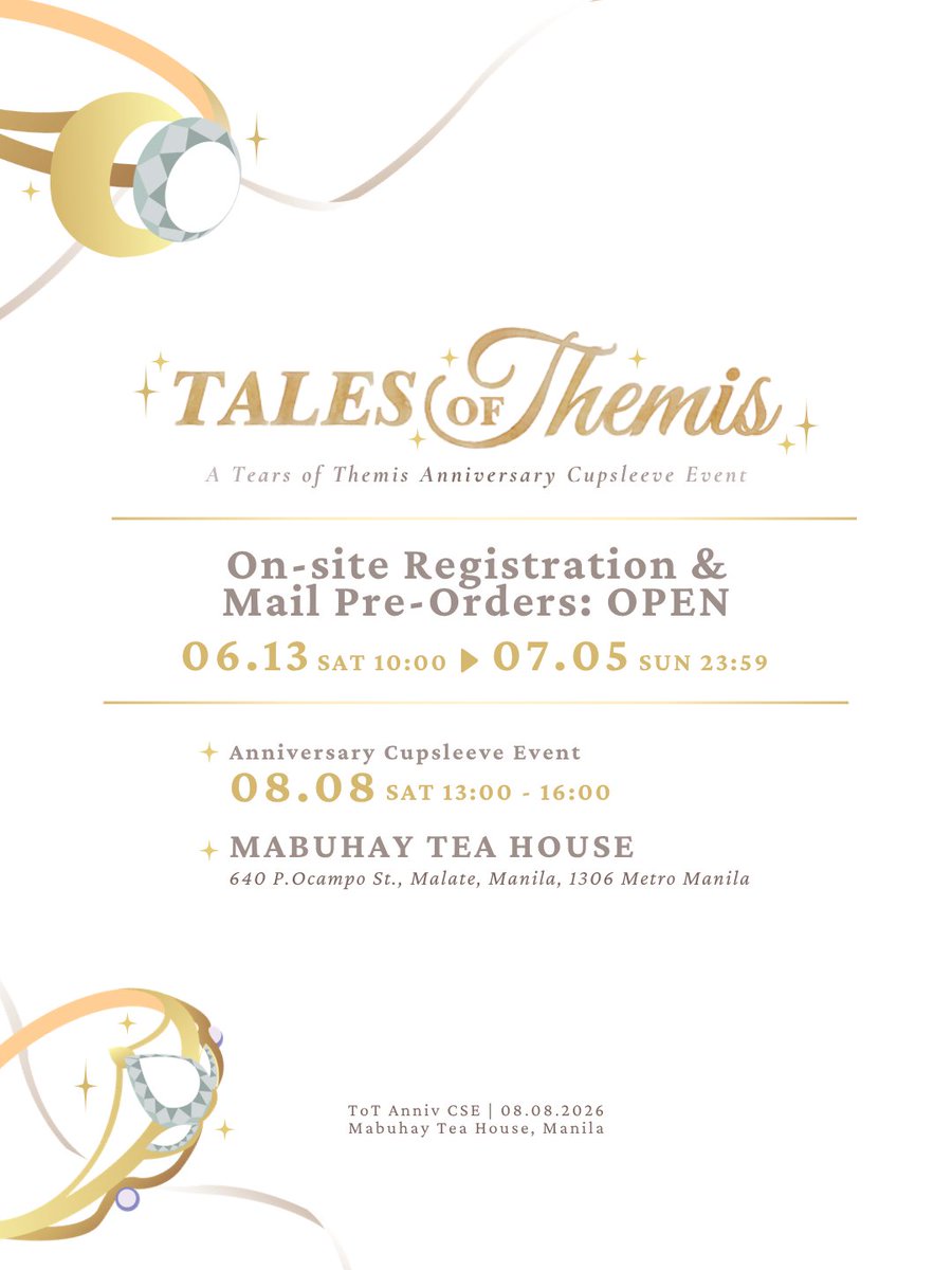 stelliseventsph's tweet photo. 💐💍 On-Site &amp; Mail Registrations: OPEN🕊️✨

Every fairytale begins with a single step, will you take yours?

🔗: https://t.co/rmLzayOd57

#TalesOfThemis #ToTCSE2026 https://t.co/Gr3YTPTOHH