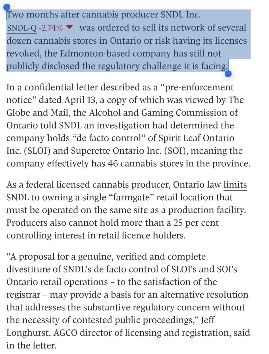 SpcificImpsible's tweet photo. @KingForaDay__1 Wow, huge blow to SNDL. This never made sense—glad ON regulators are finally enforcing the LP-retailer ownership rules. HITI would’ve partnered with an LP years ago if allowed. ON potentially raising the store cap to 300 is bullish af for $HITI. Also, FIKA bought Fire&amp;Flower iirc https://t.co/EhS1TuEN7S