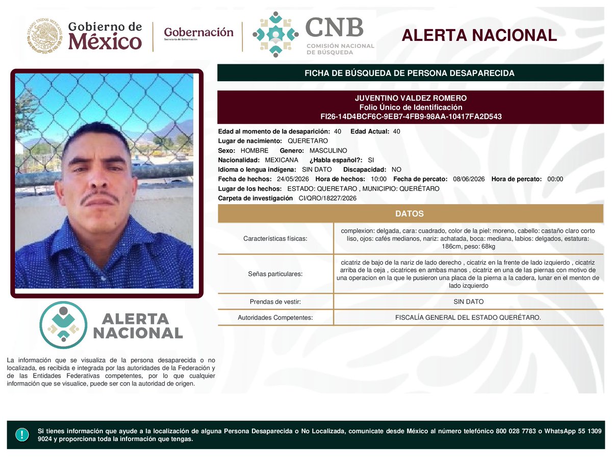 Busqueda_MX's tweet photo. ⚠️ #AlertaNacional de Búsqueda | #Nacional

Ayúdanos a difundir para ampliar la búsqueda que nos lleve a su localización:

Juventino Valdéz Romero - #Querétaro
Karen Lizbeth Cortés Ríos - #Michoacán

La difusión es clave. Si cuentas con información, comunícate de inmediato:
📞 Desde México: 800 028 77 83
🌎 Desde el extranjero: +52 182 52 62 31 09
📱WhatsApp: 55 1309 9024
📍#PersonasDesaparecidas #AlertaNacional #BúsquedaNacional #HastaEncontrarles