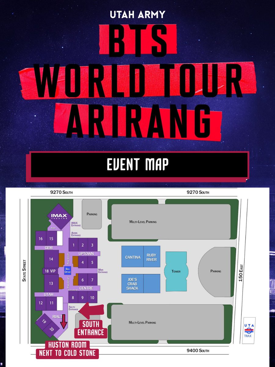 utaharmy's tweet photo. Come Over to the Huston Room on the south side of Megaplex Jordan Commons anytime between 1:30-5:45 tomorrow for freebie &amp; PC trading and to receive a cupsleeve &amp; other freebies from Utah Army!

Must have a BTS live viewing ticket to receive a cupsleeve.

#BTS_ARİRANG_BUSAN https://t.co/ZU5knY19YS